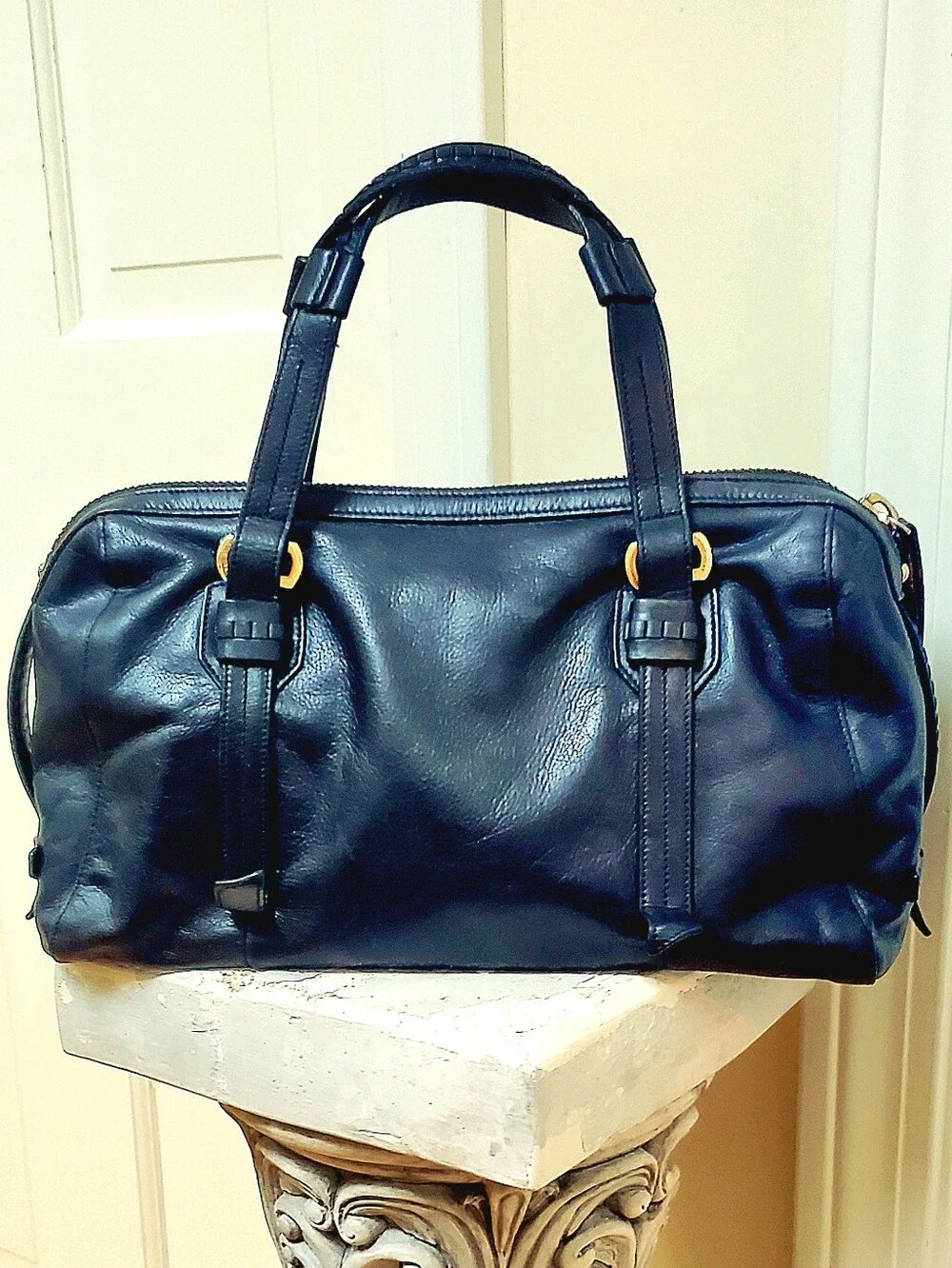 Cole Haan Black Woven Leather Satchel with Gold Hardware